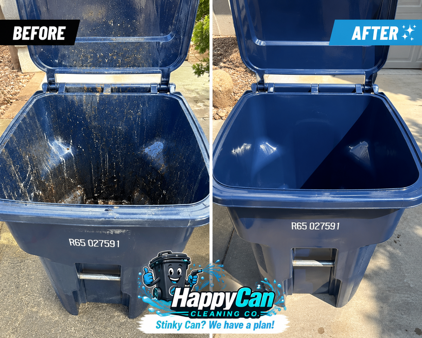 Before and after HappyCan trash bin cleaning comparison